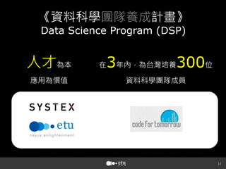 15
《資料科學團隊養成計畫》
Data Science Program (DSP)
人才為本
應用為價值
在3年內，為台灣培養300位
資料科學團隊成員
 