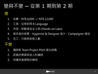37
變與不變 ─ 從第 1 期到第 2 期
變
1.  收費：NT$ 6,000 - NT$ 12,000
2.  工具：從無到用 R Language
3.  內容：時數增加 6 小時 (Hands-on Labs)
4.  報名者的背景：Hygienist  Designer 減少，Campaigner 增加
5.  志工：行銷與助教人數
不變
1.  講師對 Team Project Pitch 提出挑戰
2.  認真的學員與投入的講師
3.  持續改進課程的精神
 