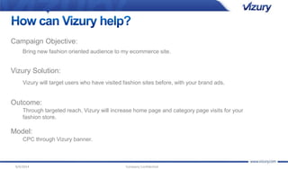 Campaign Objective: 
Bring new fashion oriented audience to my ecommerce site. 
Vizury Solution: 
Vizury will target users who have visited fashion sites before, with your brand ads. 
Outcome: 
Through targeted reach, Vizury will increase home page and category page visits for your 
fashion store. 
Model: 
CPC through Vizury banner. 
9/4/2014 Company Confidential 
 