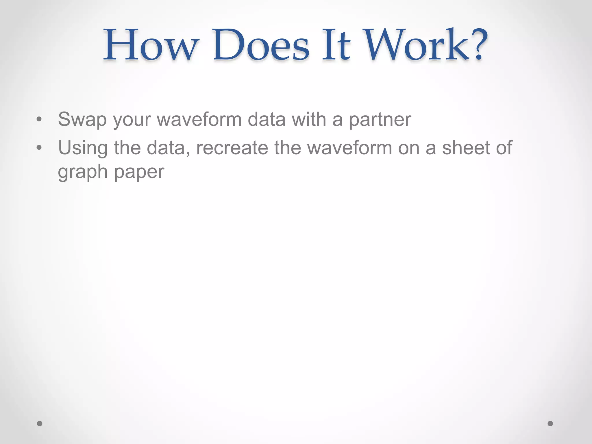 How Does It Work?
• Swap your waveform data with a partner
• Using the data, recreate the waveform on a sheet of
graph paper
 