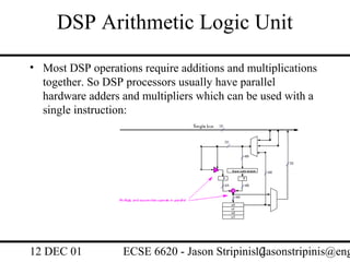 DSP Arithmetic Logic Unit
• Most DSP operations require additions and multiplications
  together. So DSP processors usually have parallel
  hardware adders and multipliers which can be used with a
  single instruction:




12 DEC 01          ECSE 6620 - Jason Stripinis12
                                               (jasonstripinis@eng
 