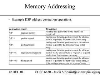 Memory Addressing
• Example DSP address generation operations:

Instruction Name                    Description
                                    read the data pointed to by the address in
*rP        register indirect
                                    register rP
                                    having read the data, postincrement the address
*rP++      postincrement
                                    pointer to point to the next value in the array
                                    having read the data, postdecrement the address
*rP--      postdecrement            pointer to point to the previous value in the
                                    array
                                    having read the data, postincrement the address
*rP++rI    register postincrement   pointer by the amount held in register rI to point
                                    to rI values further down the array
                                    having read the data, postincrement the address
*rP++rIr   bit reversed             pointer to point to the next value in the array, as
                                    if the address bits were in bit reversed order


12 DEC 01                  ECSE 6620 - Jason Stripinis15
                                                       (jasonstripinis@eng
 