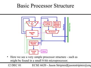 Basic Processor Structure




• Here we see a very simple processor structure - such as
  might be found in a small 8-bit microprocessor.
12 DEC 01           ECSE 6620 - Jason Stripinis2(jasonstripinis@eng
 
