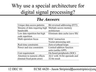 Why use a special architecture for
     digital signal processing?
                         The Answers
      Unique data access patterns      Bit reversed addressing (FFT)
      Streams of data requiring high   Multiple access memory
      bandwidth                        architecture
      Low data repetition but high     Eliminate data cache (save $$)
      code repetition
      Math operation focus             MAC instruction
                                       Vector processing unit
      Real-time constraints            Zero-overhead loops
      Power and size constraints       Limited addition function
                                       units (unlike GPP)
      Cost requirement                 On-board peripherals (SOC)
      Attention to numeric effects     ALU with 16-bit operands and
      (limited fixed point error)      32-bit result



12 DEC 01             ECSE 6620 - Jason Stripinis23
                                                  (jasonstripinis@eng
 