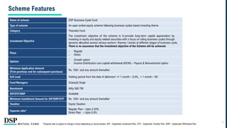Name of scheme DSP Business Cycle Fund
Type of scheme An open ended equity scheme following business cycles based investing theme
Category Thematic Fund
Investment Objective
The investment objective of the scheme is to provide long-term capital appreciation by
investing in equity and equity related securities with a focus on riding business cycles through
dynamic allocation across various sectors / themes / stocks at different stages of business cycle.
There is no assurance that the investment objective of the Scheme will be achieved.
Plans
- Regular
- Direct
Options
- Growth option
- Income Distribution cum capital withdrawal (IDCW) – Payout & Reinvestment option
Minimum Application Amount
(First purchase and for subsequent purchase)
Rs. 100/– and any amount thereafter
Exit Load Holding period from the date of allotment: <= 1 month – 0.5%, > 1 month – Nil
Fund Managers Charanjit Singh
Benchmark Nifty 500 TRI
SIP/STP/SWP Available
Minimum Installment Amount for SIP/SWP/STP Rs. 100/– and any amount thereafter
Taxation Equity Taxation
Expense ratio*
Regular Plan – Upto 2.25%
Direct Plan – Upto 0.5%
*Expense ratio is subject to change in future depending on various factors. SIP – Systematic Investment Plan. STP – Systematic Transfer Plan. SWP – Systematic Withdrawal Plan.
Scheme Features
27
 