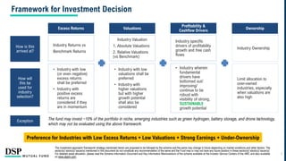 Framework for Investment Decision
The investment approach/ framework/ strategy mentioned herein are proposed to be followed by the scheme and the same may change in future depending on market conditions and other factors. The
sector(s)/ stock(s)/ issuer(s) mentioned in this document do not constitute any recommendation of the same and the Fund may or may not have any future position in these sector(s)/ stock(s)/ issuer(s).
For detailed asset allocation, please read the Scheme Information Document and Key Information Memorandum of the scheme available at the Investor Service Centers of the AMC and also available
on www.dspim.com.
Preference for Industries with Low Excess Returns + Low Valuations + Strong Earnings + Under-Ownership
Excess Returns Valuations
Industry Returns vs
Benchmark Returns
Industry Valuation
1. Absolute Valuations
2. Relative Valuations
(vs Benchmark)
How is this
arrived at?
• Industry with low
(or even negative)
excess returns
shall be preferred
• Industry with
positive excess
returns are
considered if they
are in momentum
• Industry with low
valuations shall be
preferred
• Industry with
higher valuations
but with higher
growth potential
shall also be
considered
How will
this be
used for
industry
selection?
Profitability &
Cashflow Drivers
Industry specific
drivers of profitability
growth and free cash
flows
• Industry wherein
fundamental
drivers have
bottomed out/
improving/
continue to be
robust with
visibility of strong,
SUSTAINABLE
growth potential
Industry Ownership
Ownership
Limit allocation to
over-owned
industries, especially
when valuations are
also high
Exception
4
The fund may invest ~10% of the portfolio in niche, emerging industries such as green hydrogen, battery storage, and drone technology,
which may not be evaluated using the above framework.
 