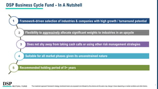 DSP Business Cycle Fund - In A Nutshell
Framework-driven selection of industries & companies with high growth / turnaround potential
Flexibility to aggressively allocate significant weights to industries in an upcycle
Does not shy away from taking cash calls or using other risk management strategies
Suitable for all market phases given its unconstrained nature
Recommended holding period of 5+ years
9
1
2
3
4
5
The investment approach/ framework/ strategy mentioned herein are proposed to be followed by the scheme and the same may change in future depending on market conditions and other factors.
 