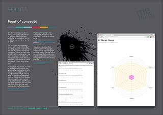SPRINT 1
Proof of concepts

One of the main focuses of our
design concept was the method
of inputting data for tracking
wellbeing, as users would need to
rank their emotions on some kind
of scale.
Our first paper prototype used
sliders as the input method. But
our design concept was based on
the idea of an interface that was
therapeutic in itself, in which users
interact with the spidergraph – the
chart allows users to enter and
manipulate multivariate data on a
single axis, so that when all values
are plotted, it looks like a spider’s
web.

The two options, sliders and
spidergraph, are shown in the
screenshots. They can be tested
out at
http://evansjx.com/dmkPOC/slidersTest.html
(sliders) and http://evansjx.com/dmkPOC/test.
html (spidergraph)

To test our proposition that
users would be more engaged
and satisfied by the spidergraph
inputting method than the sliders,
we prototyped both and decided
to preference test them with three
teenagers (see ‘NeuroSky testing’
page 25).
http://kingstonux.blogspot.co.uk/2014/01/
testing-prototypes.html

To prototype this concept, a jQuery
plugin was found on GitHub that
graphs radar charts using HTML5’s
canvas functionality. The code
was amended and more added to
bring our interactive spidergraph
vision to life. Using HTML5 enabled
the prototype to run in-browser
on desktops, tablets, and iPhones.
This gave flexibility in how we could
administer tests and how users
could access the finished product.
http://kingstonux.blogspot.co.uk/2014/01/
prototype-proof-of-concept-for.html

DIGITAL STUDIO PRACTICE | MODULE CODE C17810

18

 