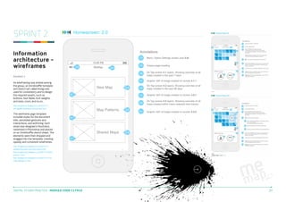 SPRINT 2
Information
architecture –
wireframes
Iteration 1
As wireframing was shared among
the group, an OmniGraffle template
and stencil set called Konigi was
used for consistency and to design
the required assets, such as
buttons, text fields, font weights
and sizes, icons, and so on.
http://kingstonux.blogspot.co.uk/2013/11/
omnigraffle-wireframe-stencils-and.html

The wireframe page template
included styles for the document
title, annotated gestures and
interactions, and authoring. Each
asset was designed in Illustrator,
rasterised in Photoshop and placed
on an OmniGraffle stencil sheet. The
elements were then dropped and
dragged into the template, creating
speedy and consistent wireframes.
http://kingstonux.blogspot.co.uk/2013/11/
wireframing-draft-new-entry-frame.html
http://kingstonux.blogspot.co.uk/2013/11/wirefrarme-1.html
http://kingstonux.blogspot.co.uk/2013/11/memap-settings-v1.html

DIGITAL STUDIO PRACTICE | MODULE CODE C17810

20

 