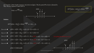 Q) Consider a finite length sequences x(n) shown in figure. The five point DF of x(n) is denoted by
X(k). Plot the sequences whose DFT is
𝑌 𝑘 = 𝑒
−4𝜋𝑘
5 𝑋(𝑘)
1
2 2
1
0 1
-1 2 3
Solution
𝐷𝐹𝑇 𝑥 𝑛 − 𝑚 𝑁
= 𝑋 𝑘 𝑒−
𝑗2𝜋𝑘𝑚
𝑁
𝐷𝐹𝑇 𝑥 𝑛 − 2 5
= 𝑋 𝑘 𝑒−
𝑗2𝜋𝑘2
5 , 𝑛 = 0,1, … , 4
𝑦 0 = 𝑥 0 − 2 5
For n=0 ➔
𝑦 1 = 𝑥 1 − 2 5
= 𝑥 5 + 1 − 2 = 𝑥 4 = 0
For n=1 ➔
𝑦 2 = 𝑥 2 − 2 5
For n=2 ➔
𝑦 3 = 𝑥 3 − 2 5
= 𝑥 5 + 3 − 2 = 𝑥 6 = 𝑥 6 − 5 = 𝑥 1 = 2
For n=3 ➔
Exceeding the limit 0 ≤ 𝑛 ≤ 4
𝑦 4 = 𝑥 4 − 2 5
= 𝑥 5 + 4 − 2 = 𝑥 7 = 𝑥 7 − 5 = 𝑥 2 = 2
For n=4 ➔
𝑦 𝑛 = 1,0,1,2,2
1
2
0 1
-1 2 3
1
2
4
𝑥(𝑛)
𝑦(𝑛)
= 𝑥 5 + 0 − 2 = 𝑥 3 = 1
= 𝑥 5 + 2 − 2 = 𝑥 5 = 𝑥 5 − 5 = 𝑥 0 = 1
www.iammanuprasad.com
 