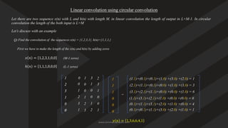 Linear convolution using circular convolution
Let there are two sequence x(n) with L and h(n) with length M. in linear convolution the length of output in L+M-1. In circular
convolution the length of the both input is L=M
Let’s discuss with an example
𝑥 𝑛 = 1,2,3,1,0,0
Q) Find the convolution of the sequences x(n) = {1,2,3,1}, h(n)={1,1,1,}
First we have to make the length of the x(n) and h(n) by adding zeros
(M-1 zeros)
ℎ 𝑛 = 1,1,1,0,0,0 (L-1 zeros)
1
2
3
1
0
0
0
1
2
3
1
0
0
0
1
2
3
1
1
0
0
1
2
3
1
1
1
0
0
0
=
(1.1)+(0.1)+(0.1)+(1.0) +(3.0) +(2.0) = 1
(2.1)+(1.1)+(0.1)+(0.0) +(1.0) +(3.0) = 3
(3.1)+(2.1)+(1.1)+(0.0) +(0.0) +(1.0) = 6
(1.1)+(3.1)+(2.1)+(1.0) +(0.0) +(0.0) = 6
𝑦 𝑛 = 1,3,6,6,4,1
3
1
0
0
1
2
2
3
1
0
0
1
(0.1)+(1.1)+(3.1)+(2.0) +(1.0) +(0.0) = 4
(0.1)+(0.1)+(1.1)+(3.0) +(2.0) +(1.0) = 1
www.iammanuprasad.com
 