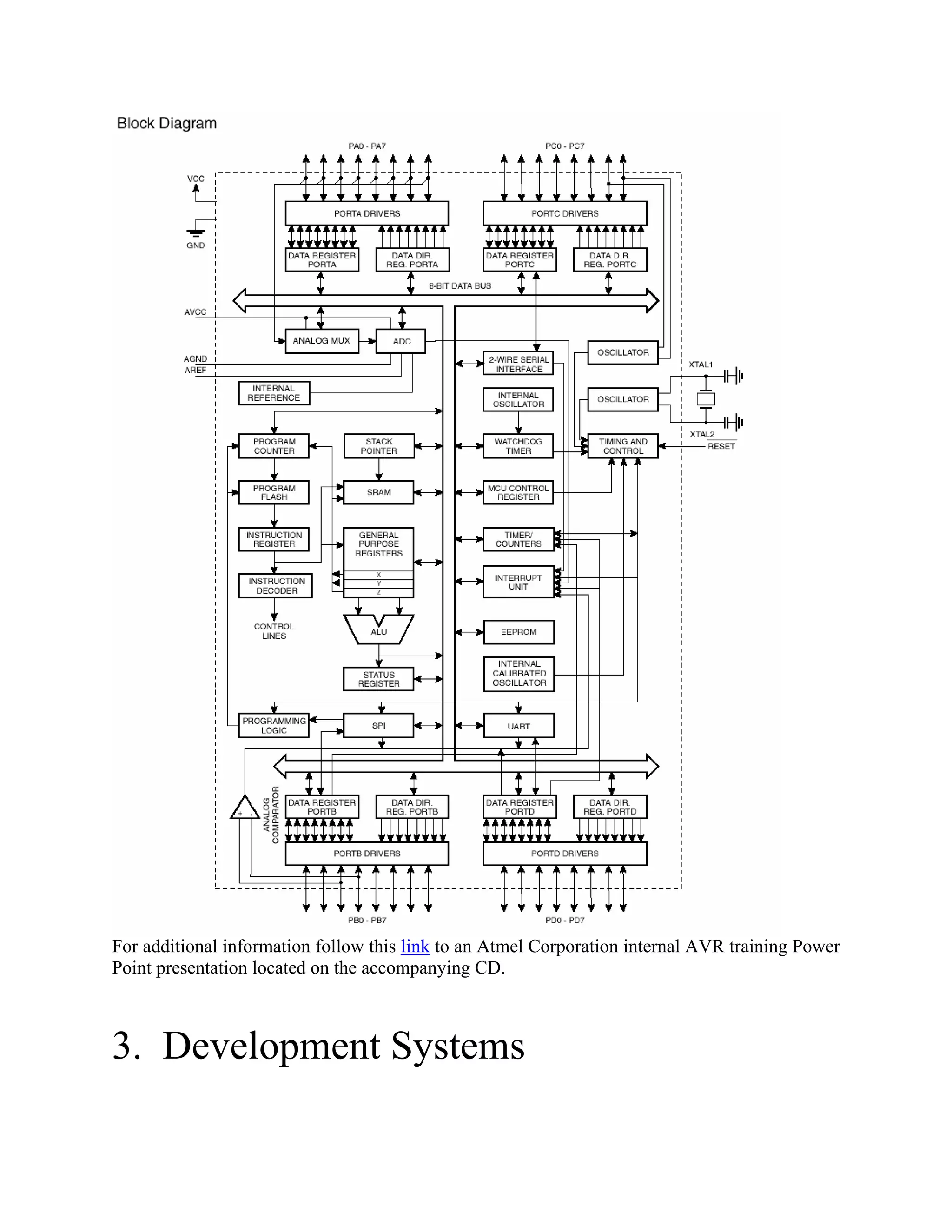 For additional information follow this link to an Atmel Corporation internal AVR training Power
Point presentation located on the accompanying CD.
3. Development Systems
 