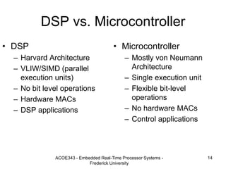 ACOE343 - Embedded Real-Time Processor Systems -
Frederick University
14
DSP vs. Microcontroller
• DSP
– Harvard Architecture
– VLIW/SIMD (parallel
execution units)
– No bit level operations
– Hardware MACs
– DSP applications
• Microcontroller
– Mostly von Neumann
Architecture
– Single execution unit
– Flexible bit-level
operations
– No hardware MACs
– Control applications
 