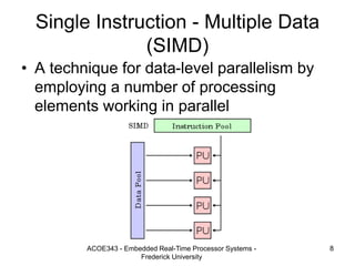 ACOE343 - Embedded Real-Time Processor Systems -
Frederick University
8
Single Instruction - Multiple Data
(SIMD)
• A technique for data-level parallelism by
employing a number of processing
elements working in parallel
 