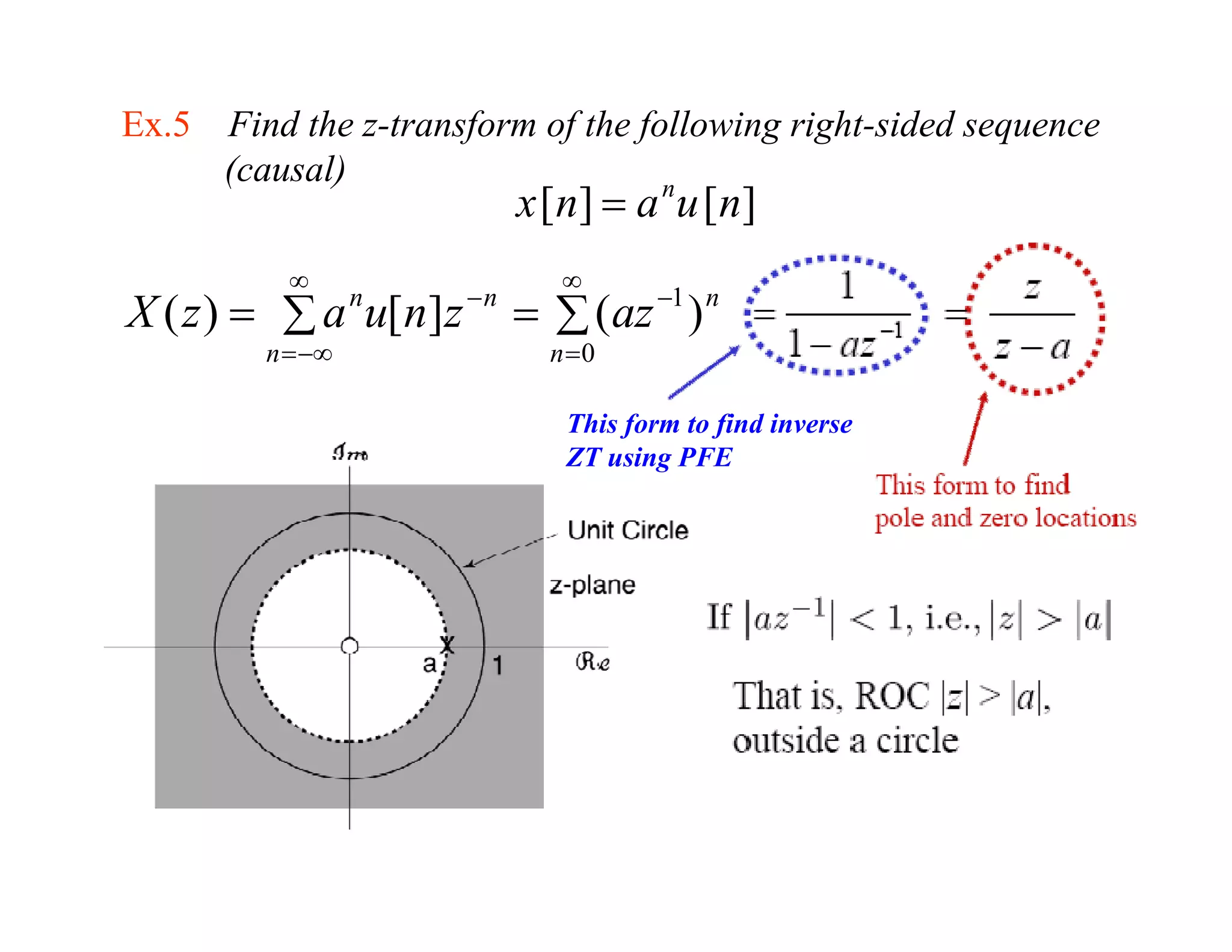 Ex.5 Find the z-transform of the following right-sided sequence
     (causal)
                           x [ n] = a u [ n]
                                   n


           ∞                  ∞
                      −n
X ( z ) = ∑ a u[n]z
                  n
                           = ∑ (az −1 ) n
         n = −∞              n =0

                              This f
                              Thi form to find inverse
                                          fi d i
                              ZT using PFE
 