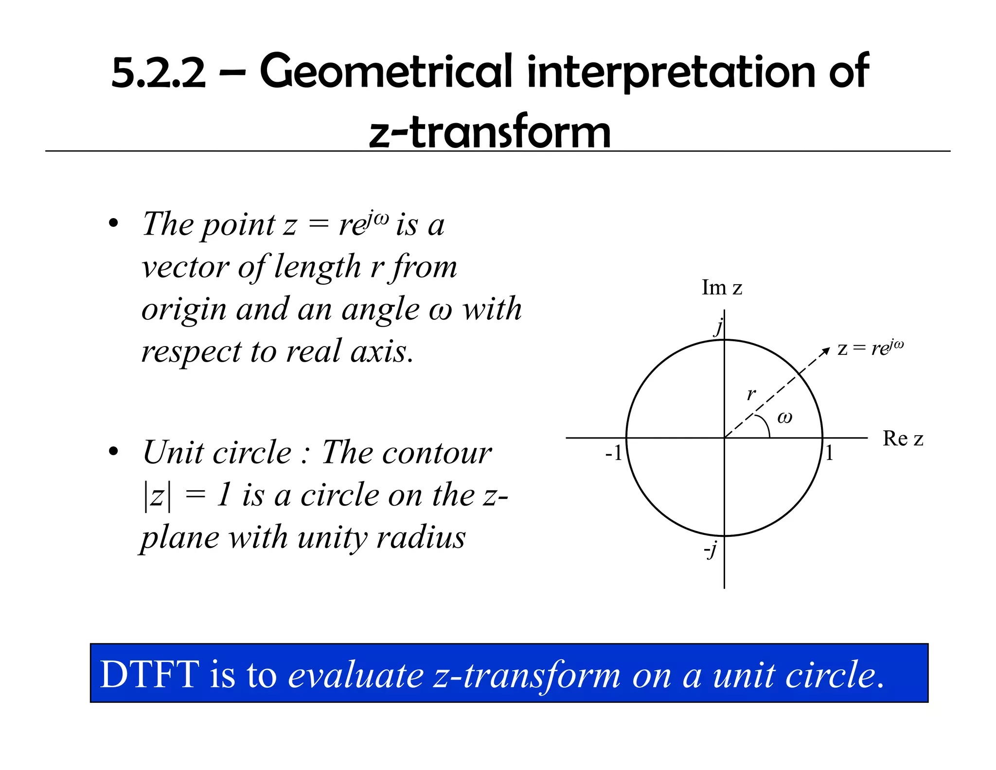 5.2.2 – Geometrical interpretation of
            z transform
            z-transform
• The point z = rejω is a
      p
  vector of length r from              Im z
  origin and an angle ω with            j
  respect to real axis.                                   z = rejω

                                              r
                                                  ω
                                                               Re
                                                               R z
• Unit circle : The contour       -1                  1

  |z| = 1 is a circle on the z-
  plane with unity radius
    l      ith it      di              -j




DTFT is to evaluate z-transform on a unit circle.
 