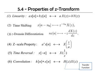 5.4 - Properties of z-Transform
(1) Linearity : a x[n] + b y[n] ←→ a X ( z ) + b Y ( z )




                                     ⎛z⎞
(4) Z - scale Property : a x[n] ←→ X ⎜ ⎟
                            n

                                     ⎝a⎠
                                   1
(5) Time Reversal : x [−n] ←→ X ( )
                   l
                                   z
(6) Convolution :     h [n] ∗ x [n] ←→ H ( z ) X ( z )
                                                           Transfer 
                                                           Function
 