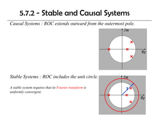5.7.2 - Stable and Causal Systems
Causal Systems : ROC extends outward from the outermost pole.
C    lS t              t d     t   df     th    t     t l
                                                       Im



                                                                R
                                                                Re




Stable Systems : ROC includes the unit circle.           Im

A stable system requires that its Fourier transform is    1
uniformly convergent.
                                                                Re
 