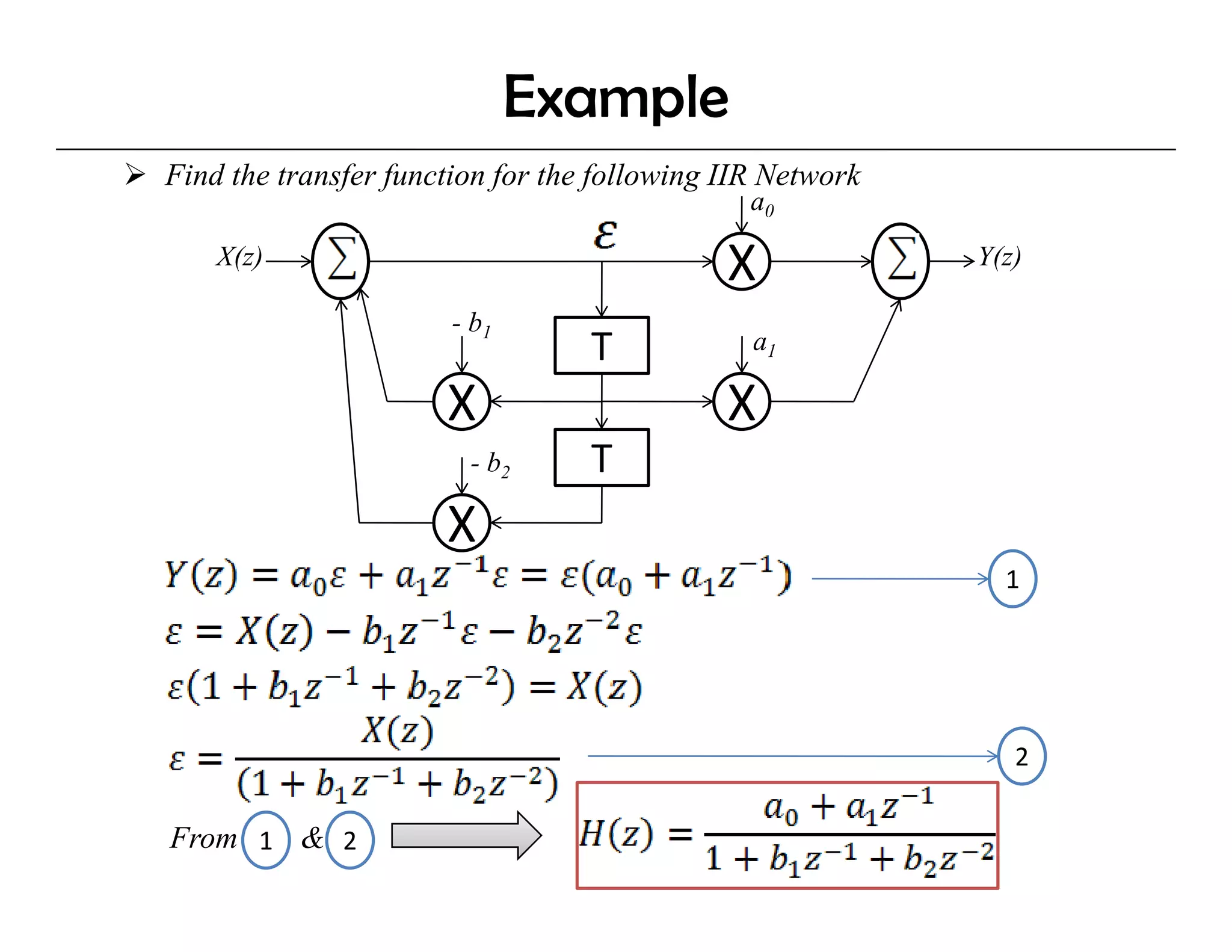 Example
Find the transfer function for the following IIR Network
                                               a0
    X(z)
                                             X             Y(z)

                       - b1
                                  T            a1

                      X                      X
                        - b2      T
                      X
                                                             1




                                                              2

From 1 & 2
 