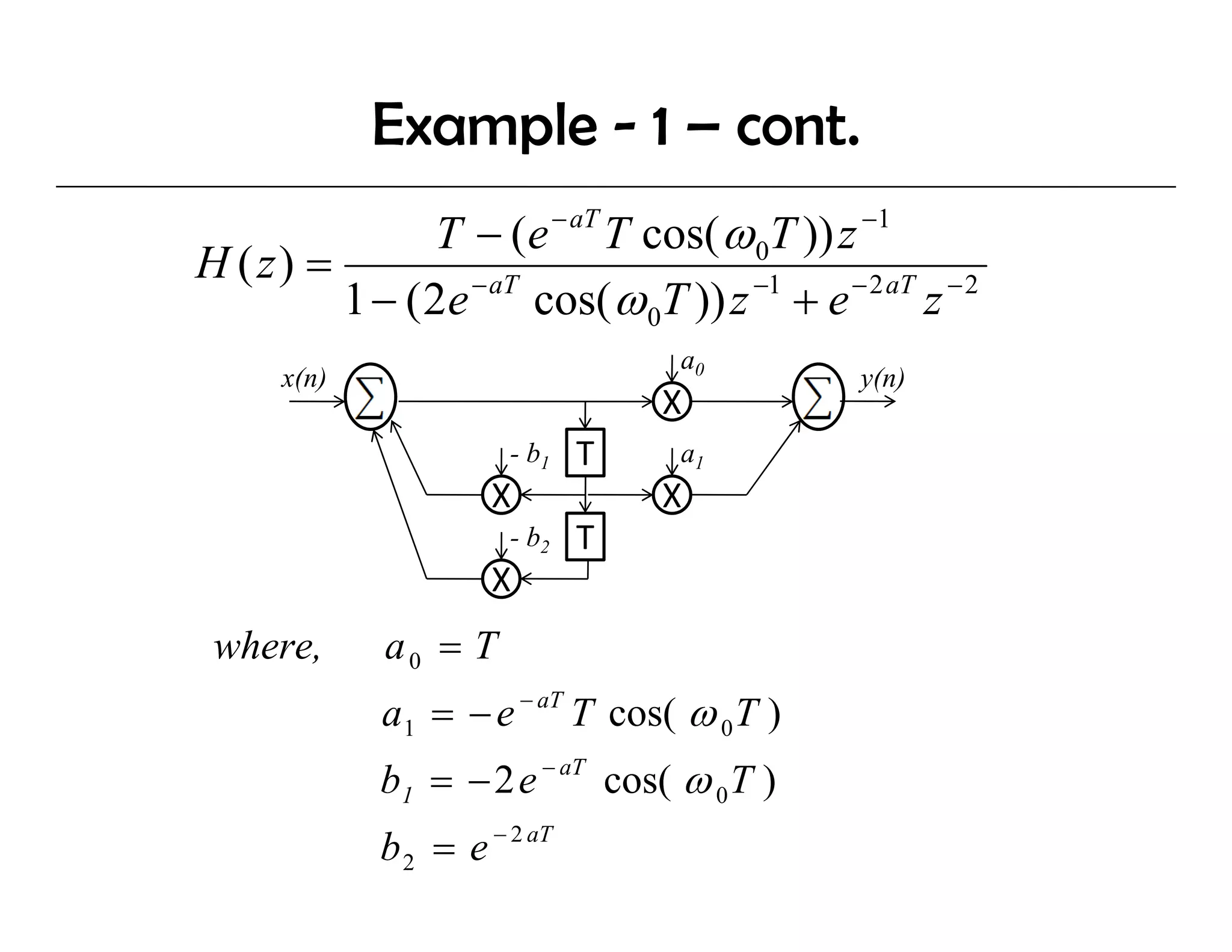 Example - 1 – cont.
               T − (e − aT T cos( ω 0T )) z −1
H ( z) =
         1 − ( 2e − aT cos( ω 0T )) z −1 + e − 2 aT z − 2
                                   a0
      x(n)                                      y(n)
                                  X
                       - b1   T    a1
                      X           X
                       - b2   T
                      X
 where,      a0 = T
             a 1 = − e − aT T cos( ω 0 T )
             b1 = − 2 e − aT cos( ω 0 T )
             b 2 = e − 2 aT
 