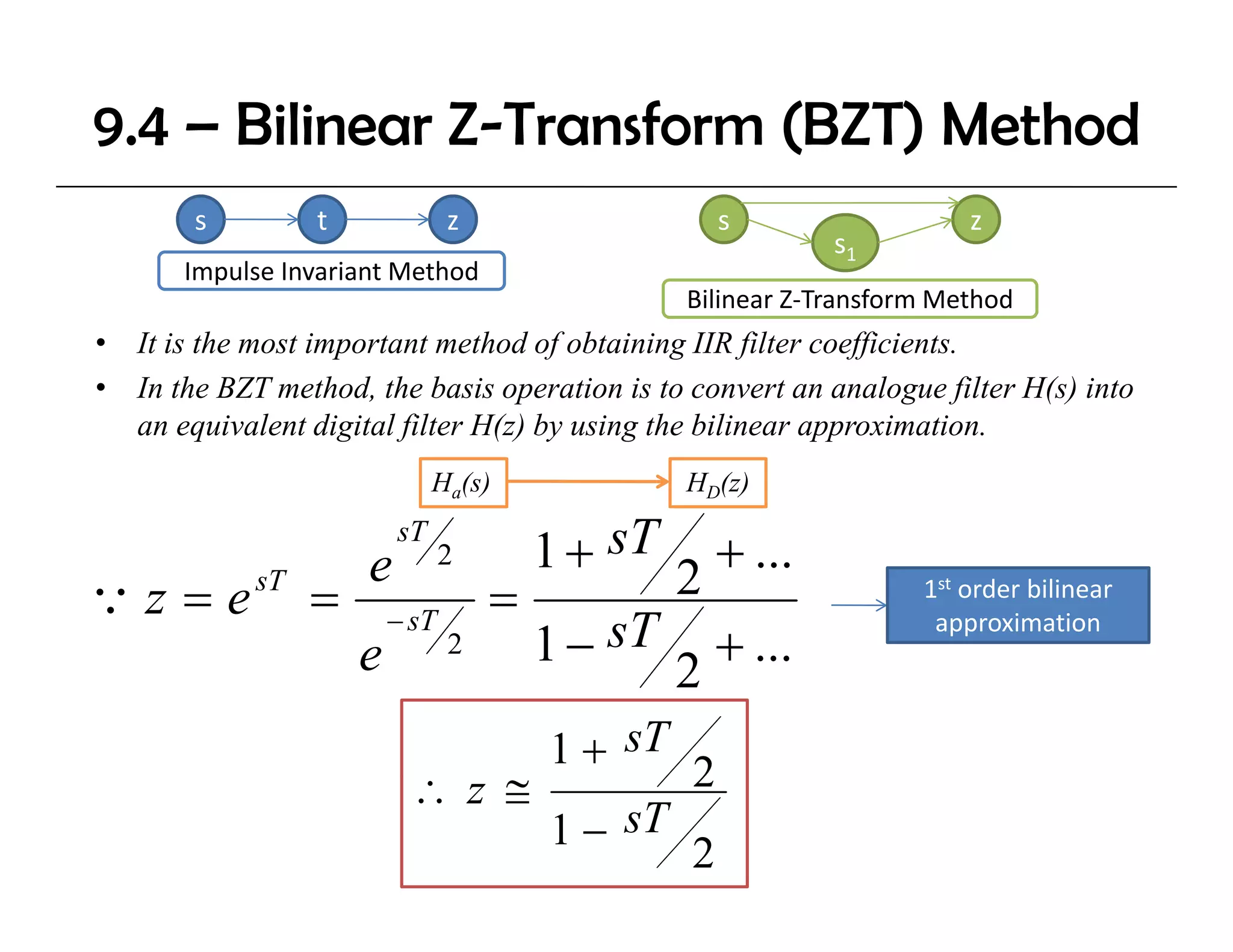 9.4 – Bilinear Z-Transform (BZT) Method
        s         t              z                    s                  z
                                                              s1
       Impulse Invariant Method
                                                  Bilinear Z‐Transform Method
                                                  Bilinear Z Transform Method
•   It is the most important method of obtaining IIR filter coefficients.
•   In the BZT method, the basis operation is to convert an analogue filter H(s) into
    an equivalent digital filter H( ) by using the bilinear approximation.
            i l di i l fil H(z) b          i    h bili            i i
                               Ha(s)              HD(z)

                                         1 + sT
                          sT
                      e          2                    + ...
Qz =e        sT
                  =                  =            2                  1st order bilinear 
                          − sT
                                         1 − sT       + ...
                                                                      approximation
                      e          2
                                                  2
                                         1 + sT
                           ∴ z ≅                  2
                                         1 − sT
                                                  2
 