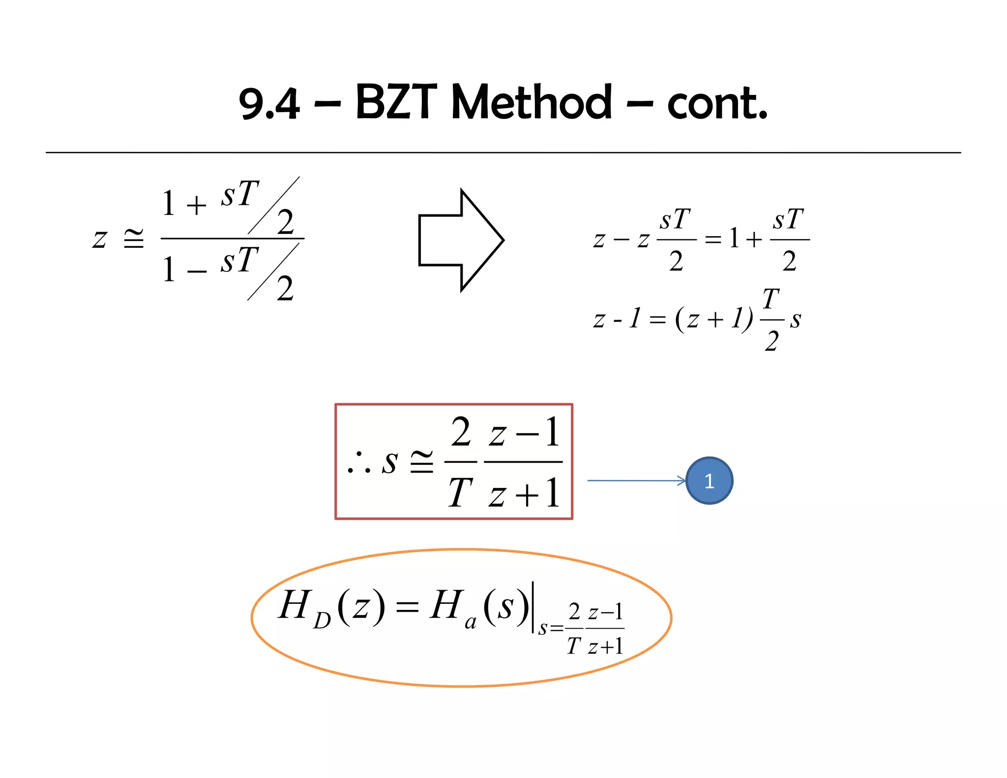 9.4 – BZT Method – cont.
      1 + sT
z ≅            2                            z−z
                                                   sT
                                                        = 1+
                                                              sT
      1 − sT                                        2          2
               2                                            T
                                            z - 1 = ( z + 1) s
                                                             2


                         2 z −1
                    ∴s ≅
                         T z +1                       1




               H D ( z ) = H a ( s ) s = 2 z −1
                                         T z +1
 