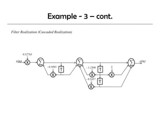 Example - 3 – cont.
Filter Realization (Cascaded Realization)




          0.52763
          0 52763

   x(n)     X                                                  y(n)
                        - 0.5095            - 1.2506       2
                                   T                   T
                            X                   X          X
                                            - 0.5457
                                                       T
                                               X
 
