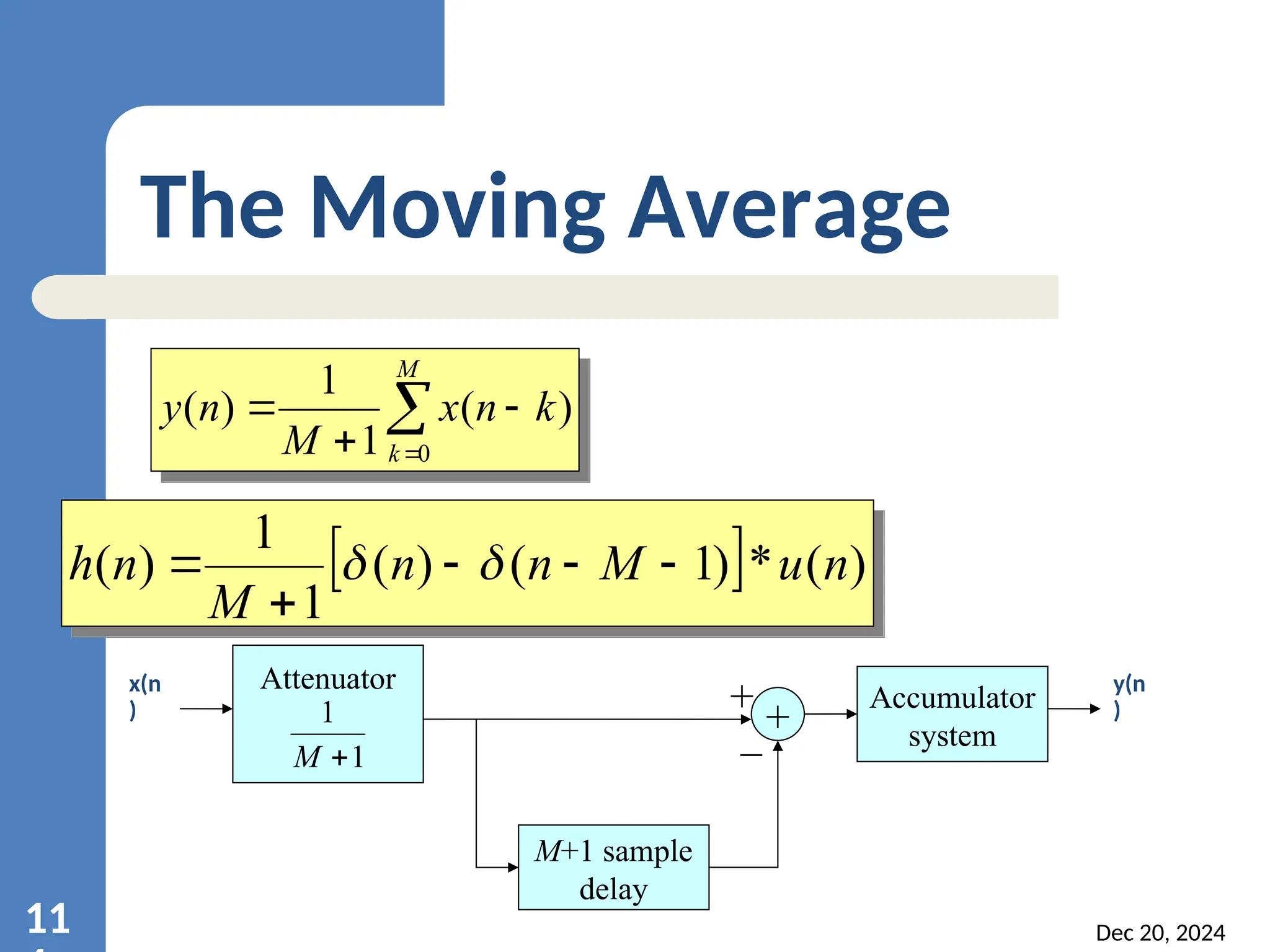 Dec 20, 2024 11 The Moving Average      M k k n x M n y 0 ) ( 1 1 ) (   ) ( * ) 1 ( ) ( 1 1 ) ( n u M n n M n h        Attenuator 1 1  M + M+1 sample delay Accumulator system + _ x(n ) y(n ) 