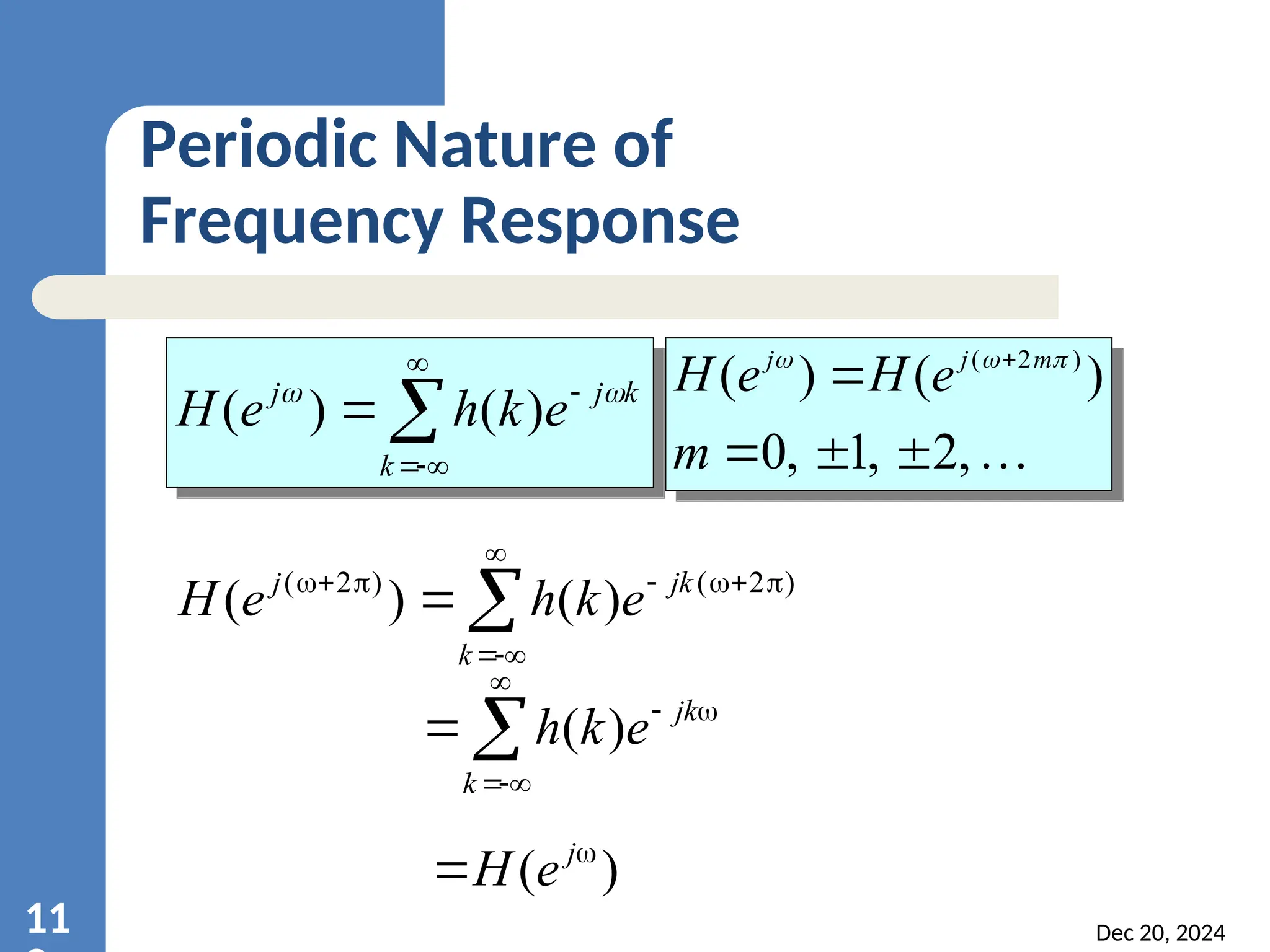Dec 20, 2024 11 Periodic Nature of Frequency Response       k k j j e k h e H   ) ( ) (             k jk j e k h e H ) 2 ( ) 2 ( ) ( ) (        k jk e k h ) ( ) (   j e H  , 2 , 1 , 0 ) ( ) ( ) 2 (      m e H e H m j j    