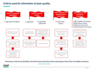 12
Criteria used for elimination of poor quality
Difficultyto service
interest payments
Raises risk of defaults
which further
tightens liquidity
In case of defaults,
creditors get
preference over
equity holders
× High DEBT TO EQUITY
HIGHLY LEVERAGED
COMPANIES
× High BETA
HIGHLY VOLATILE
STOCKS
NON-ALIGMENT OF
MANAGEMENT
INCENTIVES
POOR QUALITY OF
REPORTED
EARNINGS
× High PRICE
VOLATILITY
Typically highly
cyclicalbusinesses
Disproportionately
high stock price
volatilityon a relative
& absolute basis
Potential red flag
Haven’t added value
to equity holders over
the long term
× Ownership
Criteria
Shareholder wealth
creation is not a
primary goal
Business decisions
maybe driven by
other considerations
Minority shareholders
get sub-optimal
returns
× LOW reliability of earnings
× WEAK balance sheets
× POOR cash conversion
× Potential governance issues
Accounting &
Management issues
can lead to severe
value destruction
Forensic analysis of
financialsdisclosures
can throw up
potential red flags
Extensive criteria to identify and eliminate potential value destroyers from the investible universe
 