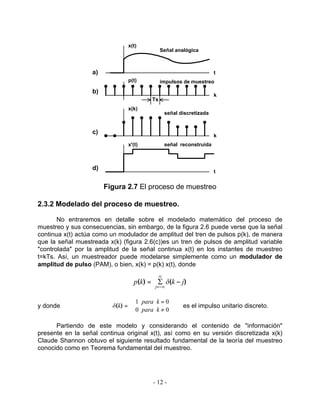 x(t)
                                             Señal analógica



                   a)                                                 t
                               p(t)          impulsos de muestreo
                   b)
                                                                      k
                                        Ts
                               x(k)
                                                 señal discretizada


                   c)
                                                                      k
                               x'(t)             señal reconstruida



                   d)
                                                                      t


                        Figura 2.7 El proceso de muestreo

2.3.2 Modelado del proceso de muestreo.

       No entraremos en detalle sobre el modelado matemático del proceso de
muestreo y sus consecuencias, sin embargo, de la figura 2.6 puede verse que la señal
continua x(t) actúa como un modulador de amplitud del tren de pulsos p(k), de manera
que la señal muestreada x(k) (figura 2.6(c))es un tren de pulsos de amplitud variable
"controlada" por la amplitud de la señal continua x(t) en los instantes de muestreo
t=kTs. Así, un muestreador puede modelarse simplemente como un modulador de
amplitud de pulso (PAM), o bien, x(k) = p(k) x(t), donde
                                             º
                                 p(k) = S d(k − j)
                                         j=−º


                                  1 para k = 0
y donde                   d(k) =                       es el impulso unitario discreto.
                                  0 para k ! 0

      Partiendo de este modelo y considerando el contenido de "información"
presente en la señal continua original x(t), así como en su versión discretizada x(k)
Claude Shannon obtuvo el siguiente resultado fundamental de la teoría del muestreo
conocido como en Teorema fundamental del muestreo.




                                         - 12 -
 