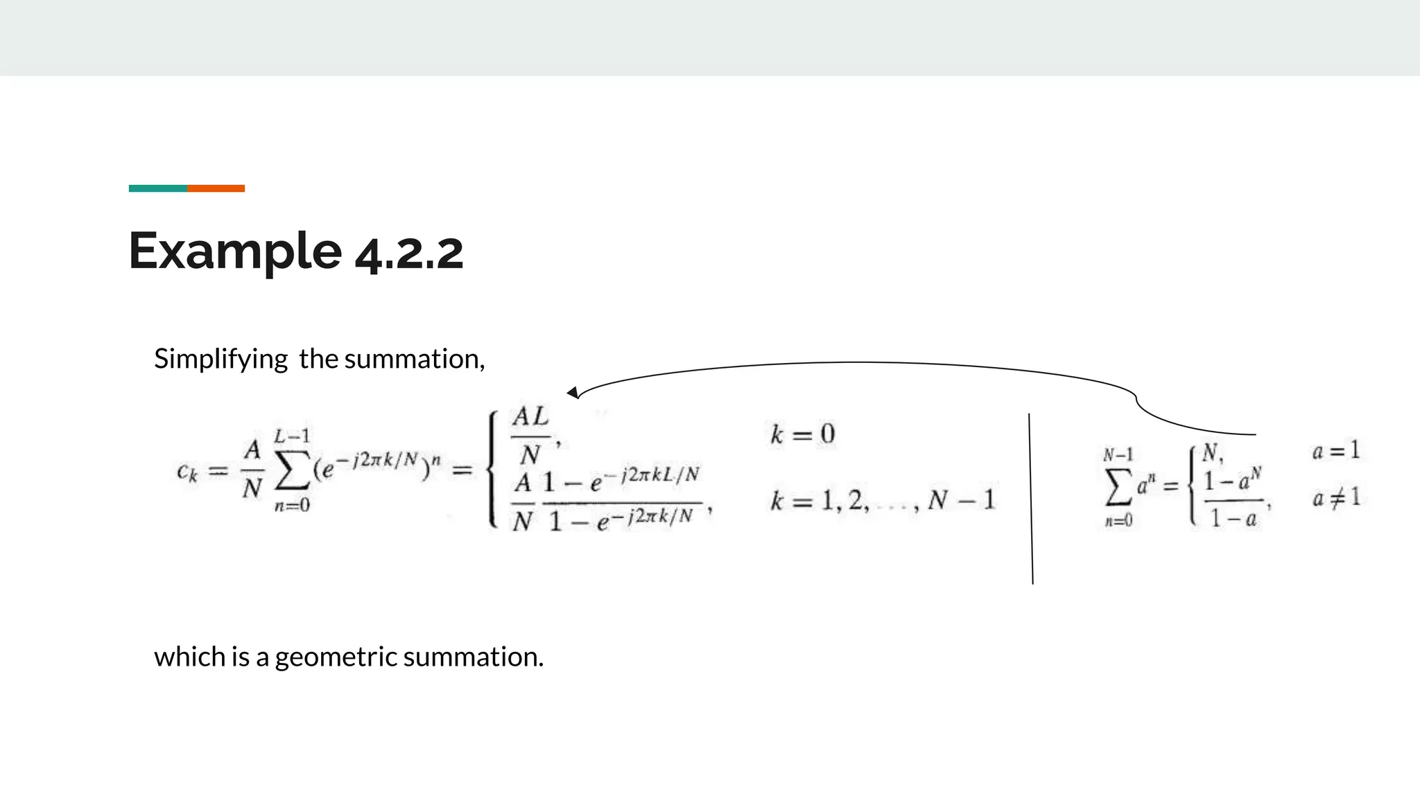 Example 4.2.2
Simplifying the summation,
which is a geometric summation.
 