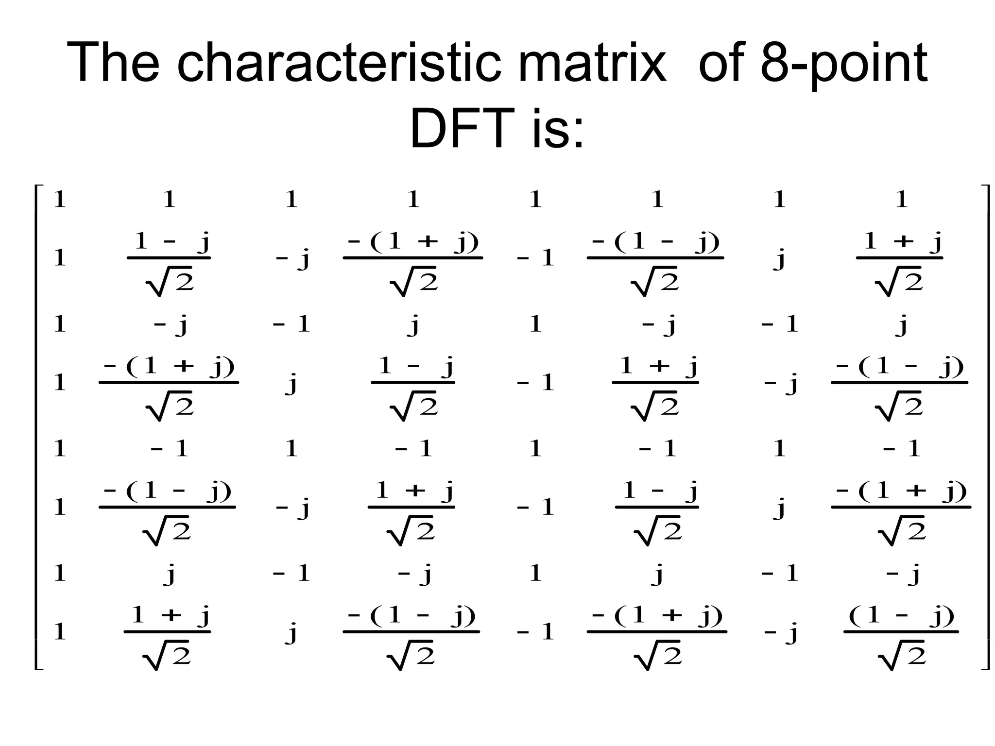 The characteristic matrix of 8-point
DFT is:
1
1
1
1
1
1
1
1
1
1 j

2
j

1 j

( )

2
1

1 j

( )

2
j
1 j

2
1
j

1

j
1
j

1

j
1
1 j

( )

2
j
1 j

2
1

1 j

2
j

1 j

( )

2
1
1

1
1

1
1

1
1

1
1 j

( )

2
j

1 j

2
1

1 j

2
j
1 j

( )

2
1
j
1

j

1
j
1

j

1
1 j

2
j
1 j

( )

2
1

1 j

( )

2
j

1 j

( )
2


































 