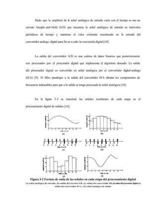 Dado que la amplitud de l señal analógica de entrada varía con el tiempo se usa un
                                  a

circuito Sample-and-Hold (S/H) que muestrea la señal analógica de entrada en intervalos

periódicos de tiempo y mantiene el valor constante muestreado en la entrada del

convertidor análogo-digital para llevar a cabo la conversión digital [10].



          La salida del convertidor A/D es una cadena de datos binarios que posteriormente

son procesados por el procesador digital que implementa el algoritmo deseado. La salida

del procesador digital es convertido en señal analógica por el convertidor digital-análogo

(D/A) [9]. El filtro pasabajas a la salida del convertidor D/A elimina los componentes de

frecuencia indeseables para que a la salida se tenga procesada la señal analógica [10].



          En la figura 3-2 se muestran las señales resultantes de cada etapa en el

procesamiento digital de señales [10].




     Figura 3-2 Formas de onda de las señales en cada etapa del procesamiento digital
(a) señal analógica de entrada, (b) salida del circuito S/H, (c) salida del converti dor A/D, (d) salida del procesador digital, (e)
                             salida del convertidor D/A y (f) señal analógica de salida.
 