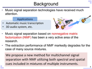 Background
• Music signal separation technologies have received much
attention.
• Music signal separation based on nonnega...