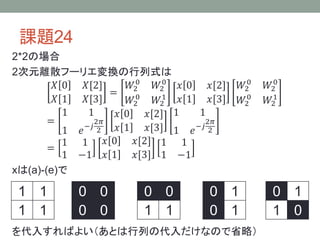 課題24
2*2の場合
2次元離散フーリエ変換の行列式は
𝑋 0 𝑋[2]
𝑋 1 𝑋[3]
=
𝑊2
0
𝑊2
0
𝑊2
0
𝑊2
1
𝑥 0 𝑥[2]
𝑥 1 𝑥[3]
𝑊2
0
𝑊2
0
𝑊2
0
𝑊2
1
=
1 1
1 𝑒−𝑗
2𝜋
2
𝑥 0 𝑥[2]
𝑥 1 𝑥[3]
1 1
1 𝑒−𝑗
2𝜋
2
=
1 1
1 −1
𝑥 0 𝑥[2]
𝑥 1 𝑥[3]
1 1
1 −1
xは(a)-(e)で
を代入すればよい（あとは行列の代入だけなので省略）
1 1
1 1
0 0
0 0
0 0
1 1
0 1
0 1
0 1
1 0
 