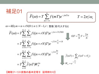 補足01





m
jmT
emTfTF 
 )()(
~
sT 2
):,10(, 　　　rNnrNnmk  整数 を代入すると
kn
N
N
n
N
n r
N
kn
j
N
n r
kr
N
n
j
N
n r
TkrNnj
WnTfT
eTrNnfT
eTrNnfT
eTrNnfTF

 
 
 





















1
0
1
0
2
1
0
)(2
1
0
)(
)(
~
))((
))((
))(()(
~



N
T
N
T s  2

N
j
N
r
p
eW
rTnTfnTf
2
)()(
~




 
【離散フーリエ変換の基本定理Ⅱ 証明終わり】
 