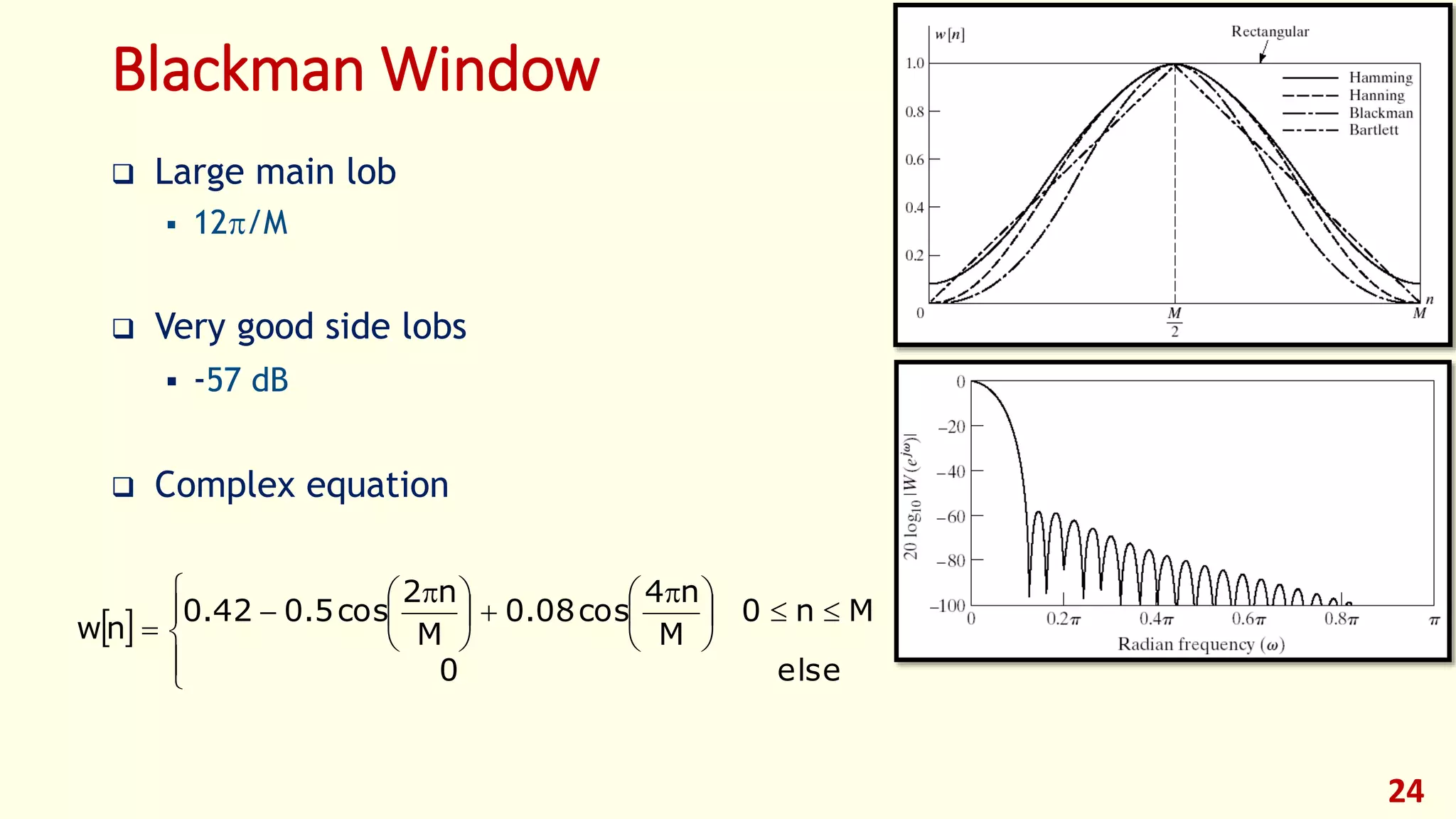 24
Blackman Window
 









 





 


else0
Mn0
M
n4
cos08.0
M
n2
cos5.042.0
nw
 Large main lob
 12/M
 Very good side lobs
 -57 dB
 Complex equation
 