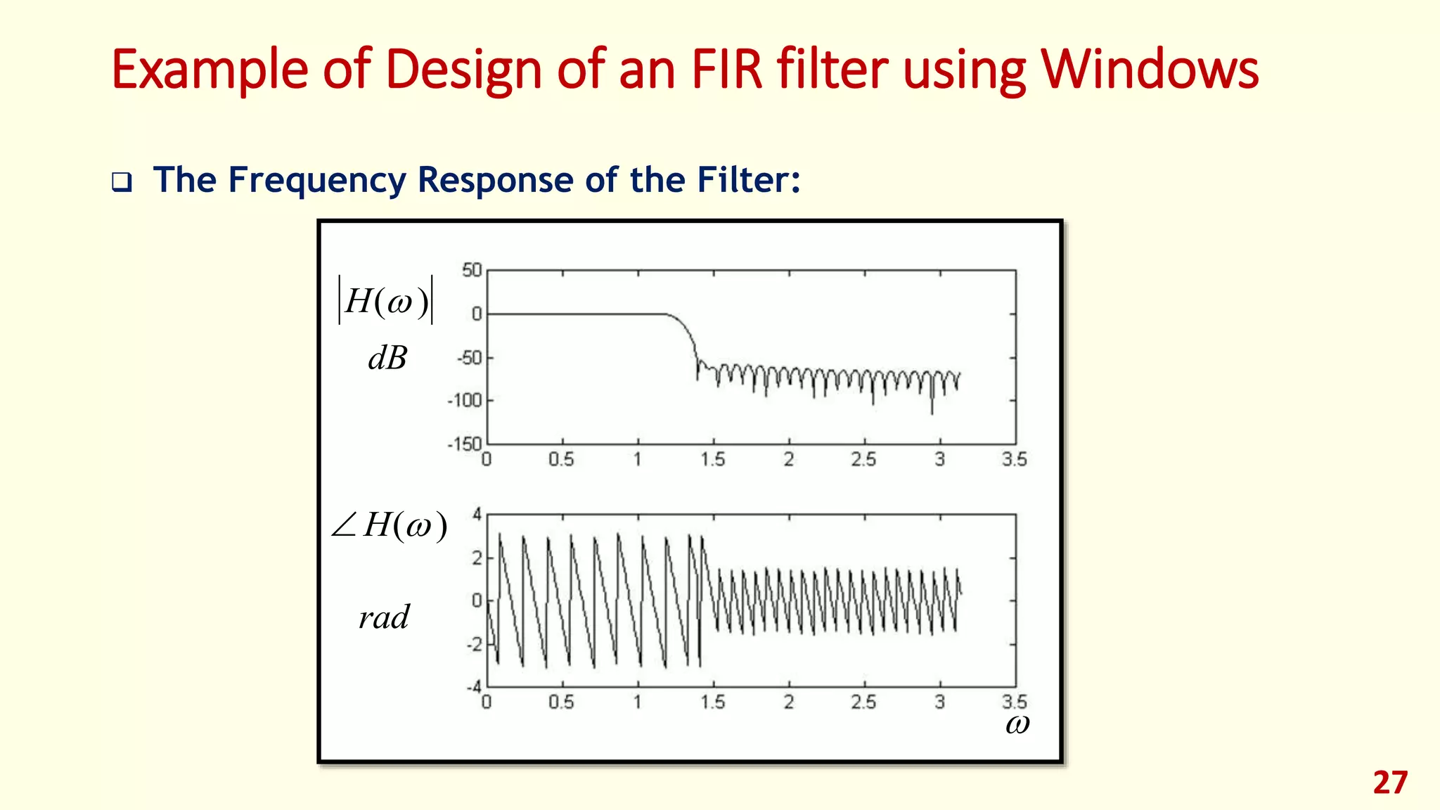 Example of Design of an FIR filter using Windows
 The Frequency Response of the Filter:
27


H( )
 H( )
dB
rad
 