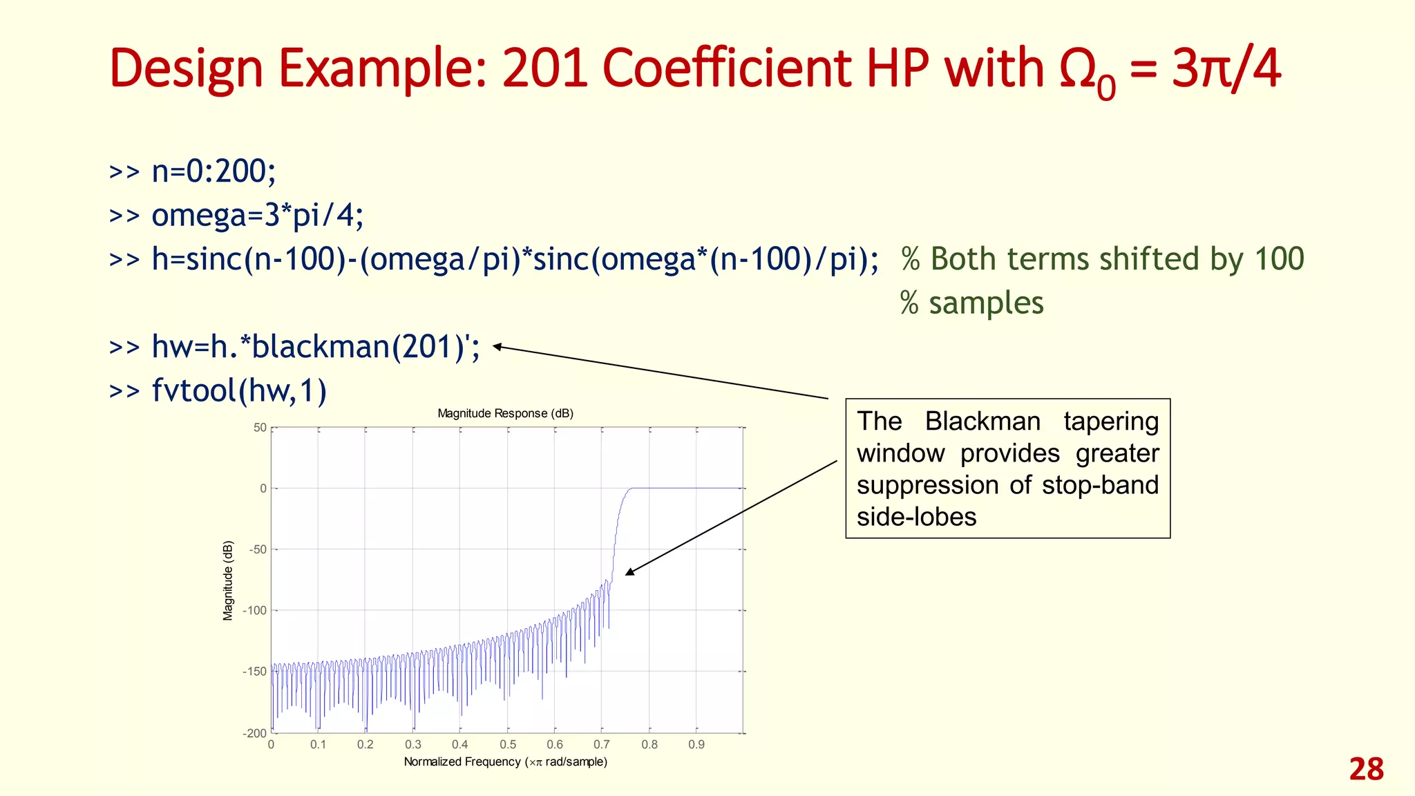 Design Example: 201 Coefficient HP with Ω0 = 3π/4
>> n=0:200;
>> omega=3*pi/4;
>> h=sinc(n-100)-(omega/pi)*sinc(omega*(n-100)/pi); % Both terms shifted by 100
% samples
>> hw=h.*blackman(201)';
>> fvtool(hw,1)
28
0 0.1 0.2 0.3 0.4 0.5 0.6 0.7 0.8 0.9
-200
-150
-100
-50
0
50
Normalized Frequency ( rad/sample)
Magnitude(dB)
Magnitude Response (dB)
The Blackman tapering
window provides greater
suppression of stop-band
side-lobes
 