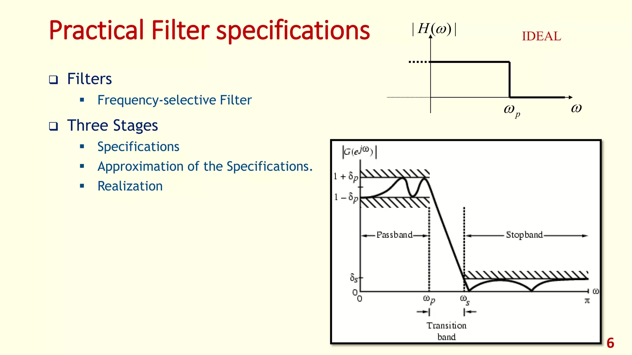Practical Filter specifications
 Filters
 Frequency-selective Filter
 Three Stages
 Specifications
 Approximation of the Specifications.
 Realization
6

|)(| H
p
IDEAL
 