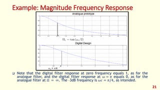 Example: Magnitude Frequency Response
 Note that the digital filter response at zero frequency equals 1, as for the
analogue filter, and the digital filter response at 𝜔 = 𝜋 equals 0, as for the
analogue filter at Ω = ∞. The –3dB frequency is 𝜔𝑐 = 𝜋/4, as intended.
21
 