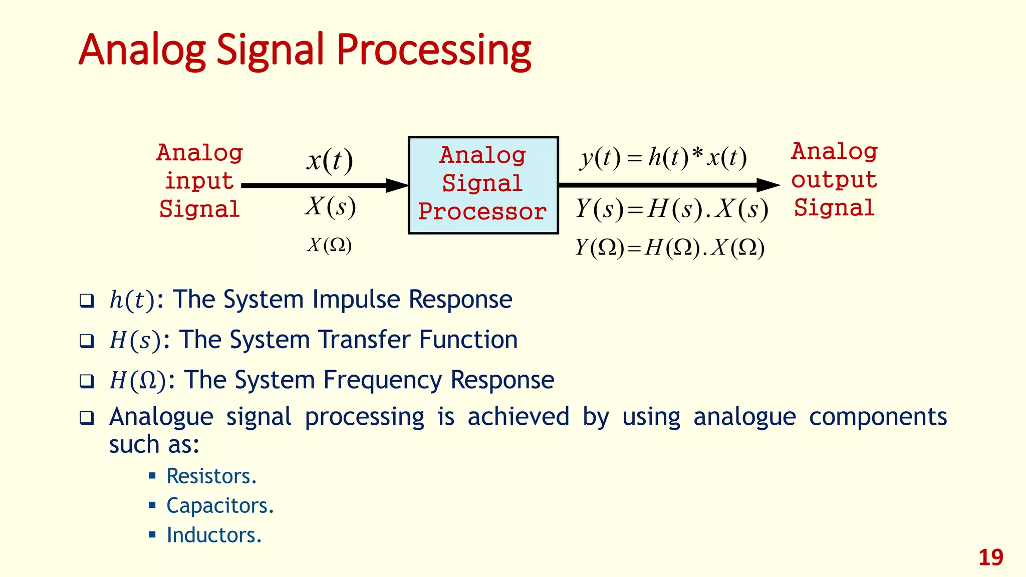 Analog Signal Processing
 ℎ(𝑡): The System Impulse Response
 𝐻(𝑠): The System Transfer Function
 𝐻(Ω): The System Frequency Response
 Analogue signal processing is achieved by using analogue components
such as:
 Resistors.
 Capacitors.
 Inductors.
)(tx
)(sX
)(*)()( txthty 
)(.)()( sXsHsY 
Analog
input
Signal
Analog
output
Signal
Analog
Signal
Processor
19
)(X )(.)()(  XHY
 
