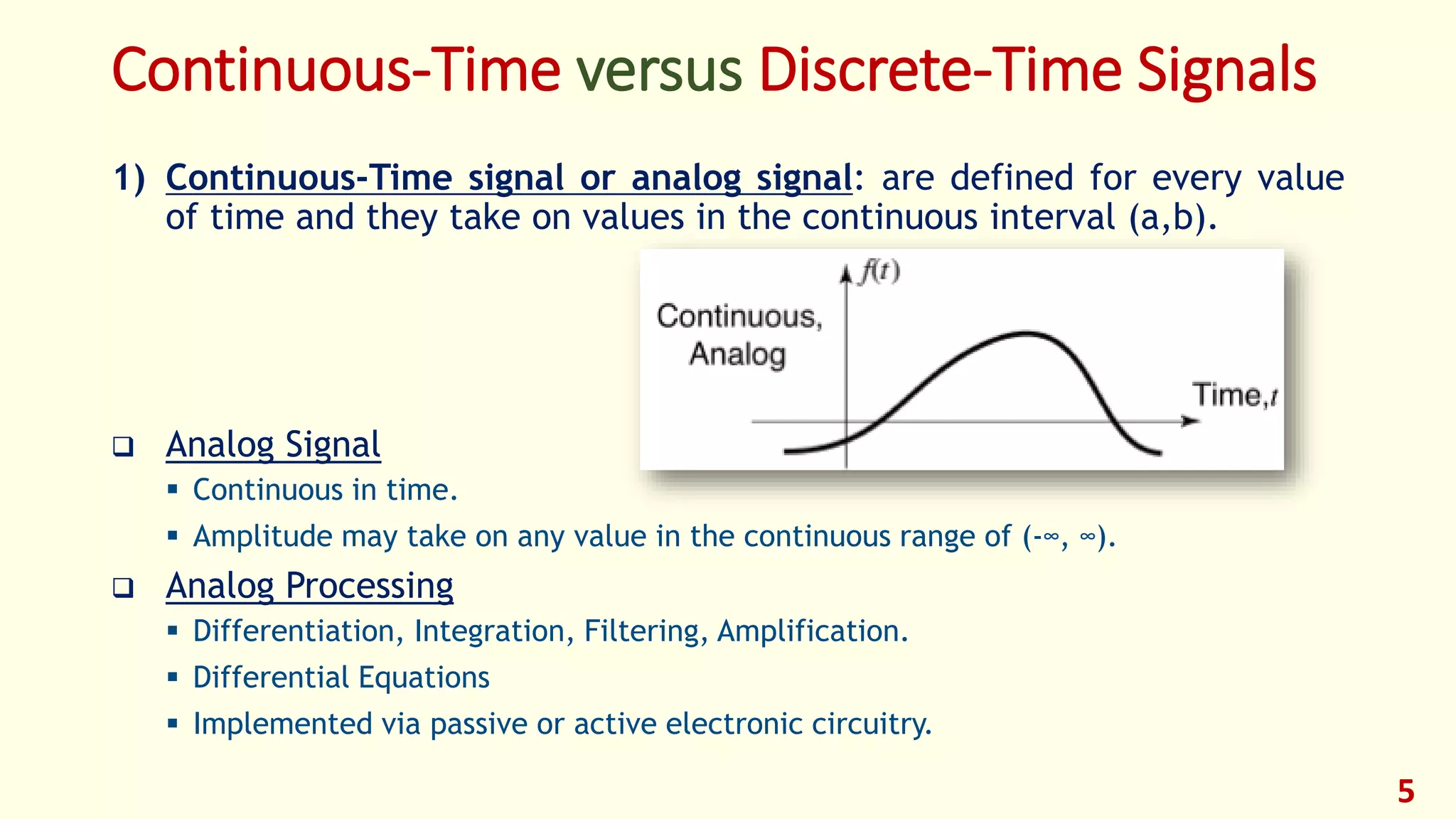 Continuous-Time versus Discrete-Time Signals
1) Continuous-Time signal or analog signal: are defined for every value
of time and they take on values in the continuous interval (a,b).
 Analog Signal
 Continuous in time.
 Amplitude may take on any value in the continuous range of (-∞, ∞).
 Analog Processing
 Differentiation, Integration, Filtering, Amplification.
 Differential Equations
 Implemented via passive or active electronic circuitry.
5
 