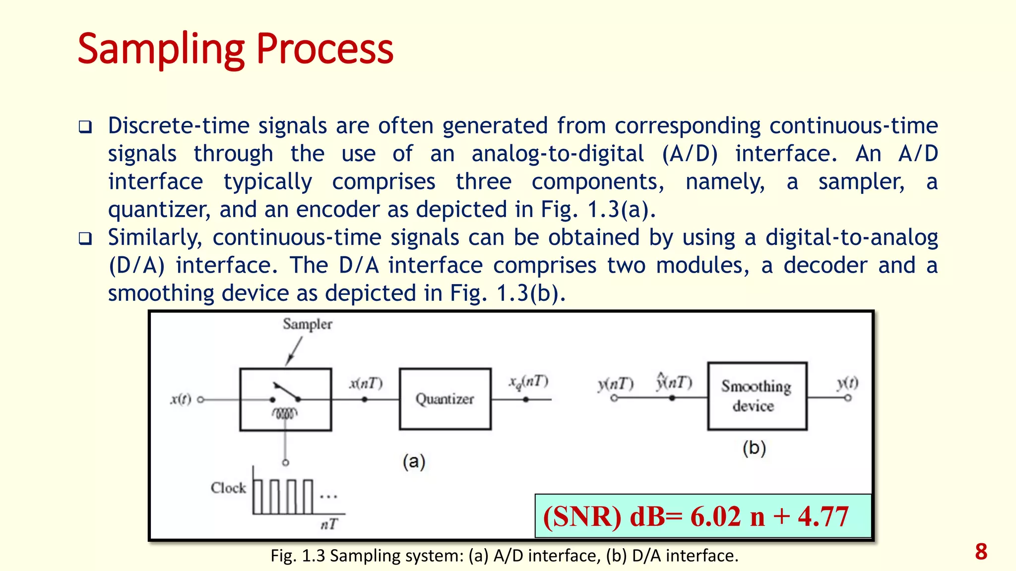 Sampling Process
 Discrete-time signals are often generated from corresponding continuous-time
signals through the use of an analog-to-digital (A/D) interface. An A/D
interface typically comprises three components, namely, a sampler, a
quantizer, and an encoder as depicted in Fig. 1.3(a).
 Similarly, continuous-time signals can be obtained by using a digital-to-analog
(D/A) interface. The D/A interface comprises two modules, a decoder and a
smoothing device as depicted in Fig. 1.3(b).
8Fig. 1.3 Sampling system: (a) A/D interface, (b) D/A interface.
(SNR) dB= 6.02 n + 4.77
 