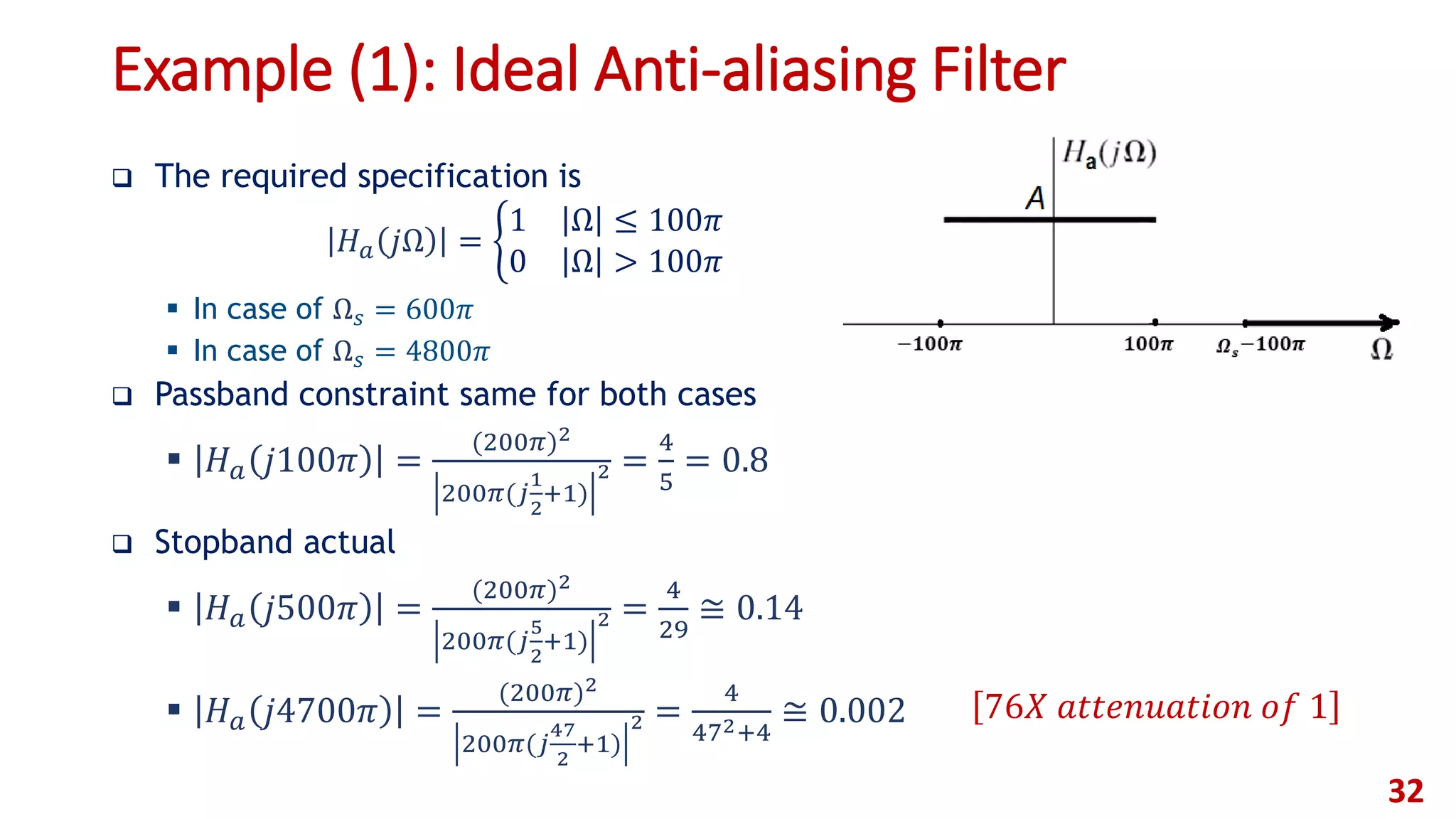 Example (1): Ideal Anti-aliasing Filter
 The required specification is
𝐻 𝑎 𝑗Ω =
1 Ω ≤ 100𝜋
0 Ω > 100𝜋
 In case of Ω 𝑠 = 600𝜋
 In case of Ω 𝑠 = 4800𝜋
 Passband constraint same for both cases
 𝐻 𝑎 𝑗100𝜋 =
(200𝜋)2
200𝜋(𝑗
1
2
+1)
2 =
4
5
= 0.8
 Stopband actual
 𝐻 𝑎 𝑗500𝜋 =
(200𝜋)2
200𝜋(𝑗
5
2
+1)
2 =
4
29
≅ 0.14
 𝐻 𝑎 𝑗4700𝜋 =
(200𝜋)2
200𝜋(𝑗
47
2
+1)
2 =
4
472+4
≅ 0.002
32
76𝑋 𝑎𝑡𝑡𝑒𝑛𝑢𝑎𝑡𝑖𝑜𝑛 𝑜𝑓 1
 