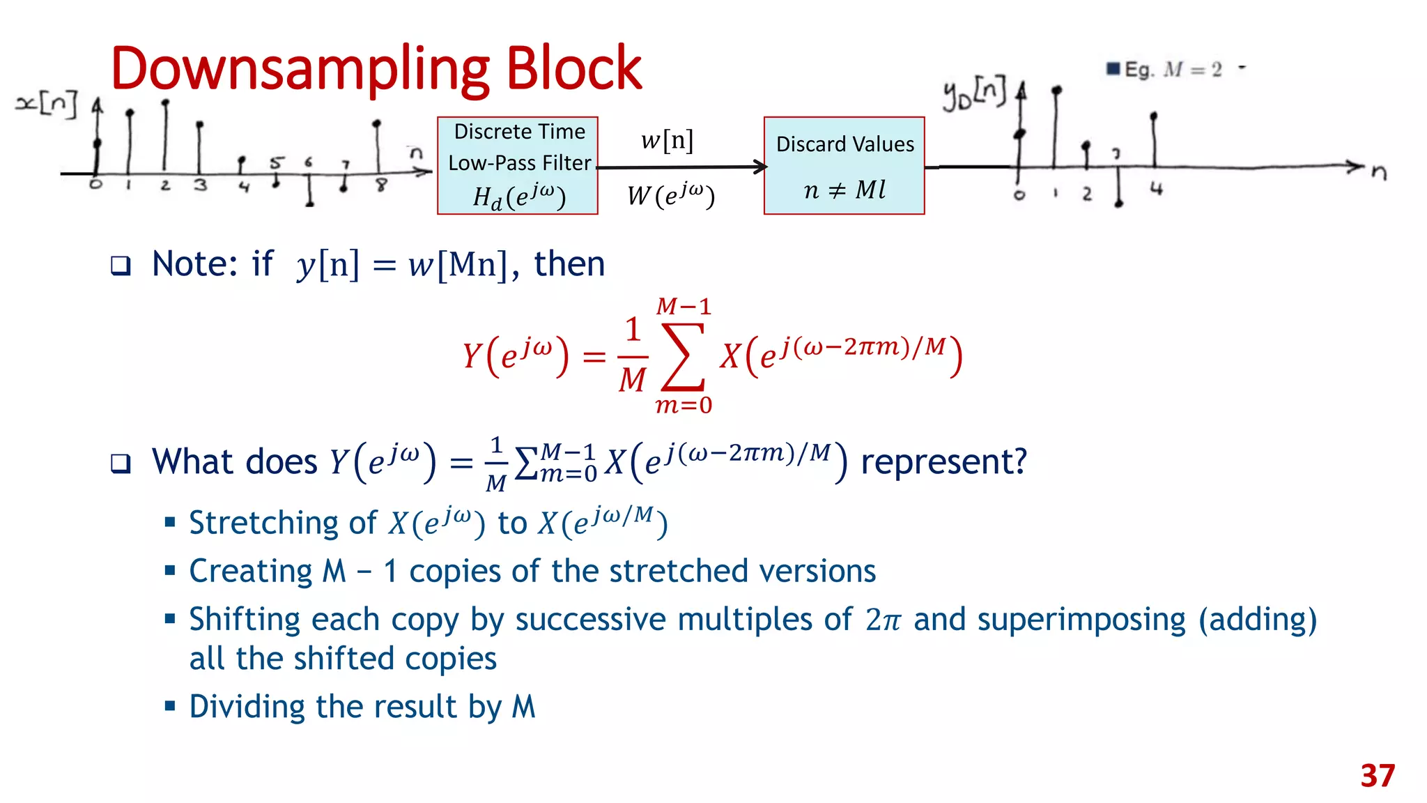 Downsampling Block
 Note: if 𝑦 n = 𝑤[Mn], then
𝑌 𝑒 𝑗𝜔 =
1
𝑀
𝑚=0
𝑀−1
𝑋 𝑒 𝑗(𝜔−2𝜋𝑚)/𝑀
 What does 𝑌 𝑒 𝑗𝜔
=
1
𝑀 𝑚=0
𝑀−1
𝑋 𝑒 𝑗(𝜔−2𝜋𝑚)/𝑀
represent?
 Stretching of 𝑋(𝑒 𝑗𝜔) to 𝑋(𝑒 𝑗𝜔/𝑀)
 Creating M − 1 copies of the stretched versions
 Shifting each copy by successive multiples of 2𝜋 and superimposing (adding)
all the shifted copies
 Dividing the result by M
37
Discrete Time
Low-Pass Filter
𝐻 𝑑(𝑒 𝑗𝜔
)
𝑤[n]
𝑊(𝑒 𝑗𝜔) 𝑌(𝑒 𝑗𝜔
)
𝑦 n = 𝑤[Mn]Discard Values
𝑛 ≠ 𝑀𝑙
 
