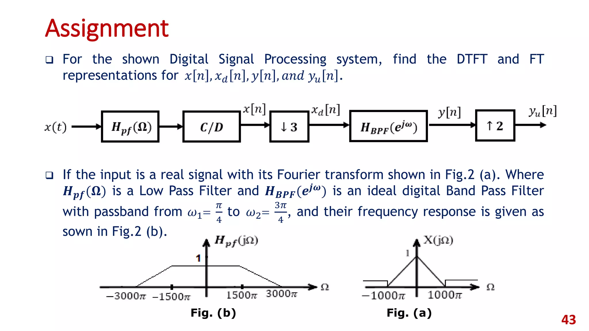 Assignment
 For the shown Digital Signal Processing system, find the DTFT and FT
representations for 𝑥 𝑛 , 𝑥 𝑑 𝑛 , 𝑦 𝑛 , 𝑎𝑛𝑑 𝑦𝑢 𝑛 .
 If the input is a real signal with its Fourier transform shown in Fig.2 (a). Where
𝑯 𝒑𝒇(𝛀) is a Low Pass Filter and 𝑯 𝑩𝑷𝑭(𝒆𝒋𝝎) is an ideal digital Band Pass Filter
with passband from 𝜔1
𝜋
4
to 𝜔2
3𝜋
4
, and their frequency response is given as
sown in Fig.2 (b).
43
Fig. (b) Fig. (a)
 