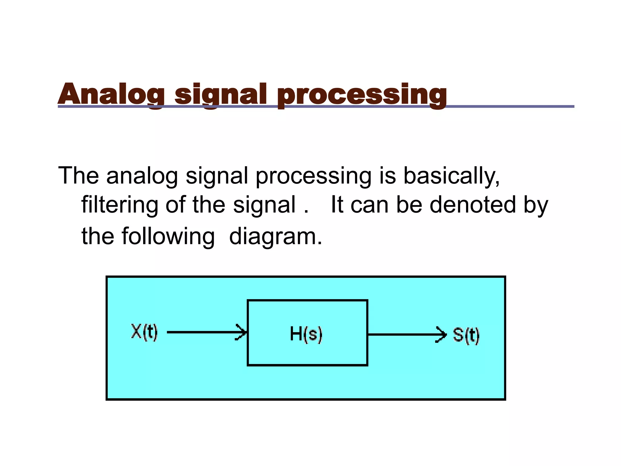 Analog signal processing
The analog signal processing is basically,
filtering of the signal . It can be denoted by
the following diagram.
 