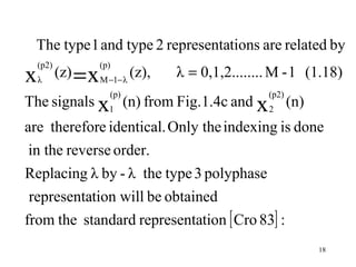 The type 1 and type 2 representations are related by
           (z) = x M −1− λ (z),
    (p2)            (p)
x   λ
                                  λ = 0,1,2........ M - 1 (1.18)
                      (p)                         (p2)
The signals x1 (n) from Fig.1.4c and x 2 (n)
are therefore identical. Only the indexing is done
in the reverse order.
Replacing λ by - λ the type 3 polyphase
representation will be obtained
from the standard representation [ Cro 83] :
                                                           18
 